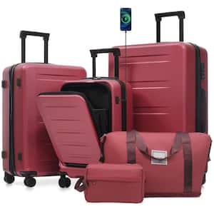 5 Bags 5-Piece Red Expandable ABS Luggage Set with Duffel Bag, Toiletry Bag, Front Opening Design(20''), USB Port