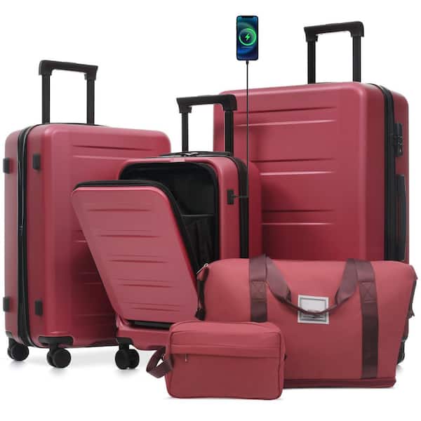 5 Bags 5-Piece Red Expandable ABS Luggage Set with Duffel Bag, Toiletry Bag, Front Opening Design(20"), USB Port