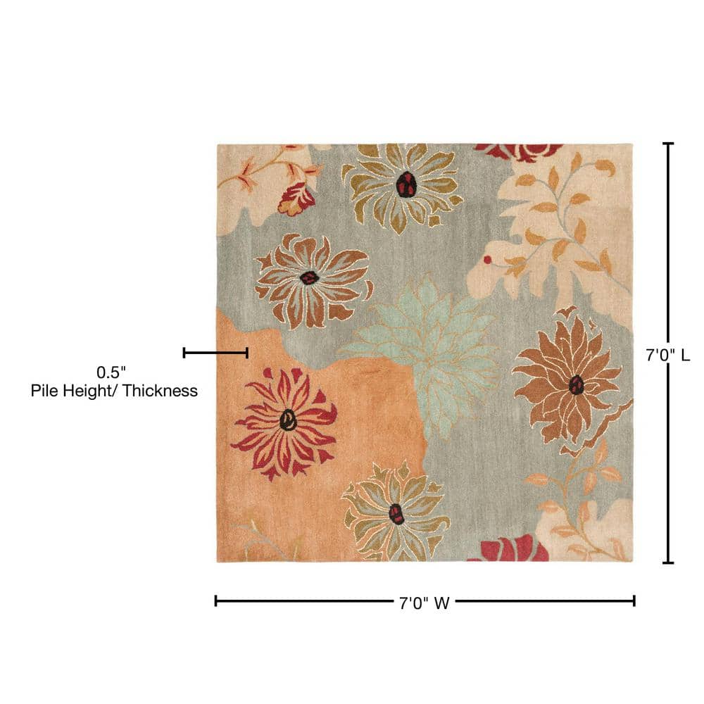 Elegant Blue Floral Hand-Tufted Wool Square Area Rug, 7' x 7'