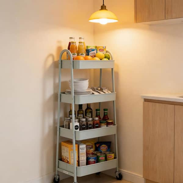 4-layer practical mobile trolley, metal movable storage rack, with lockable casters in Green