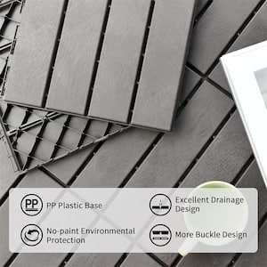 Patio Interlocking Deck Tiles, 12"x12" Square Composite Decking Tiles, Four Slat Plastic Flooring Tile, Gray, Pack of 9