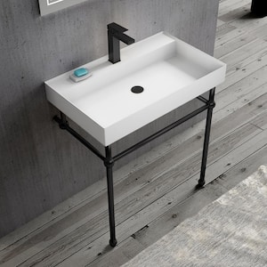 31.5 in. Composite Stone Solid Surface Console Sink Combo in White with Black Leg