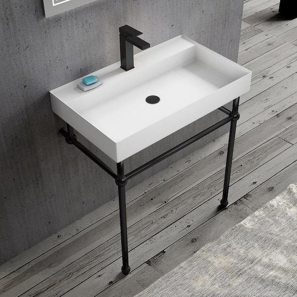 MEDUNJESS 31.5 in. Composite Stone Solid Surface Console Sink Combo in White with Black Leg