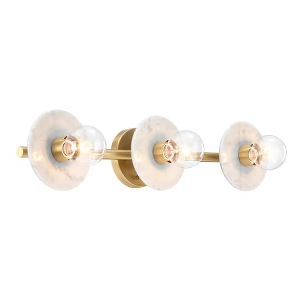 Cumeo 28 in. 3-Light Brushed Gold Transitional Vanity Light with Marble Accents