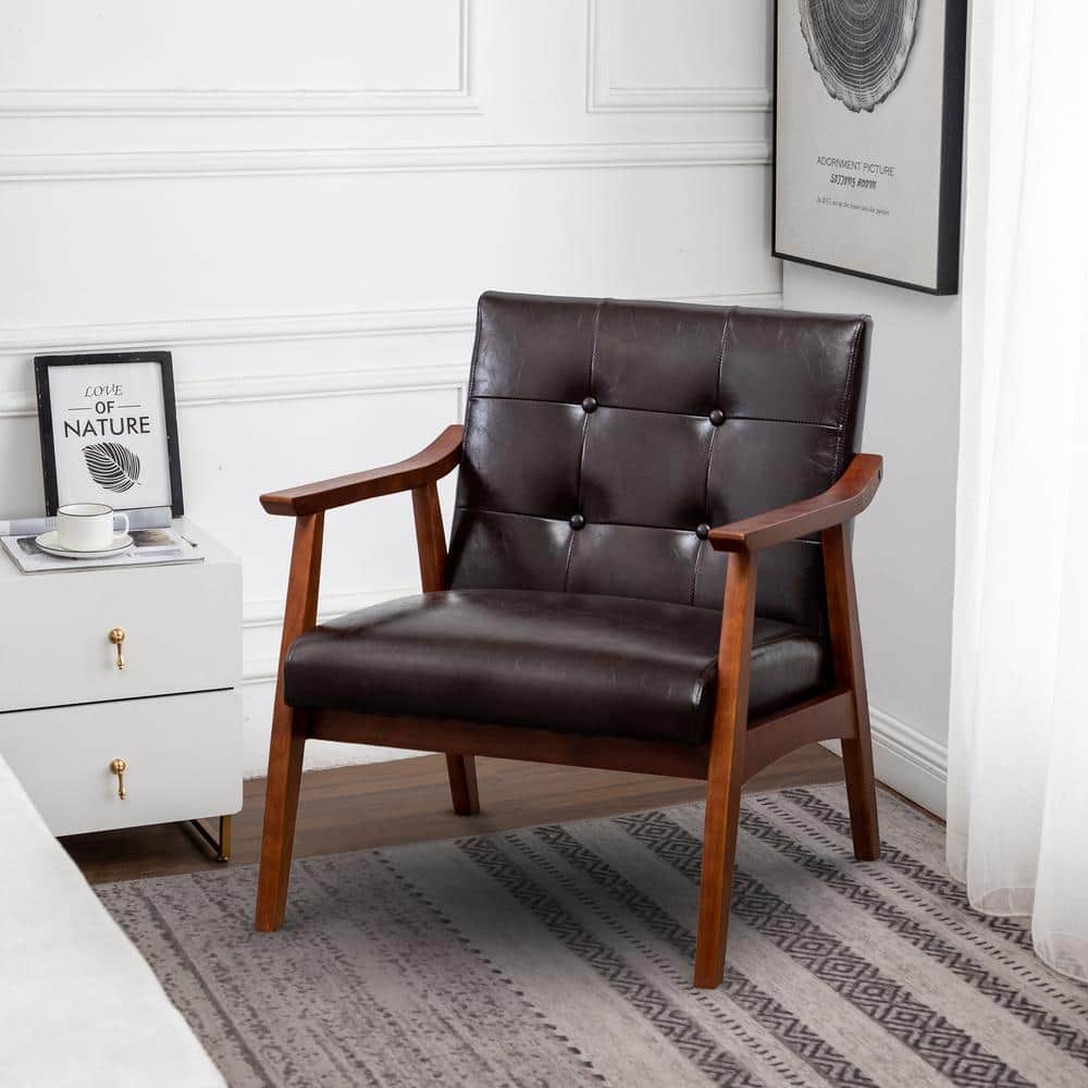 Espresso Faux Leather Accent Chair with Button-Tufted Backrest