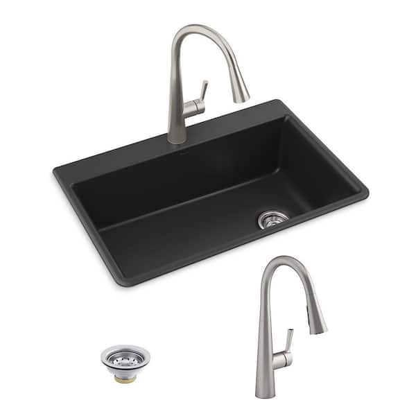 Kennon Neoroc Granite Composite 33 in. Single Bowl Drop-In/Undermount Kitchen Sink With Faucet in Matte Black