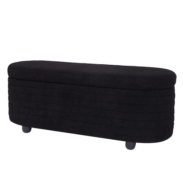 KINWELL 49.6 in. Wide Black Teddy Fabric Upholstered Rectangle Ottoman with Storage