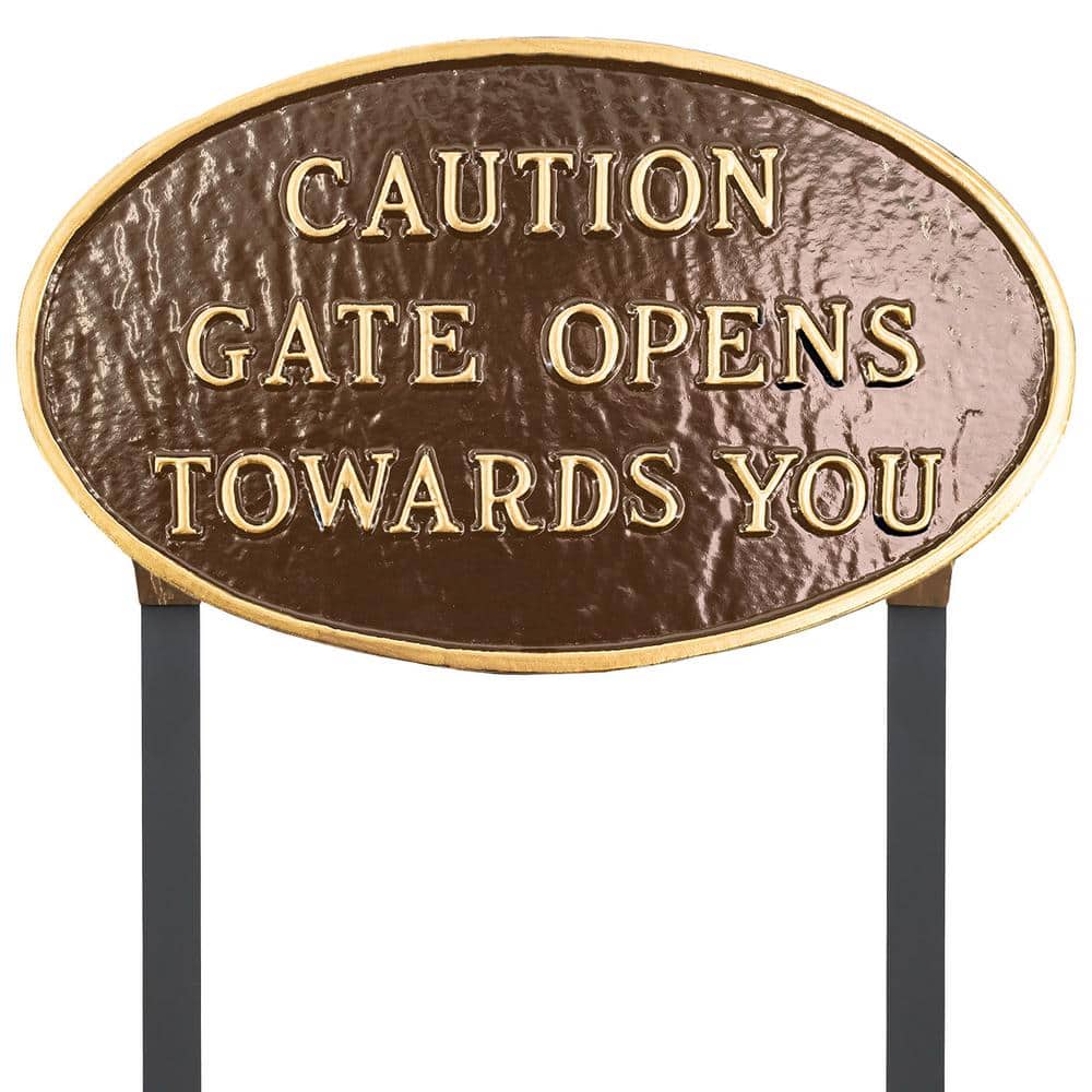 10 in. x 18 in. Large Oval Caution Gate Opens Towards You Statement Plaque Sign with Lawn Stakes - Oil Rubbed/Gold price history on PriceWatchPro