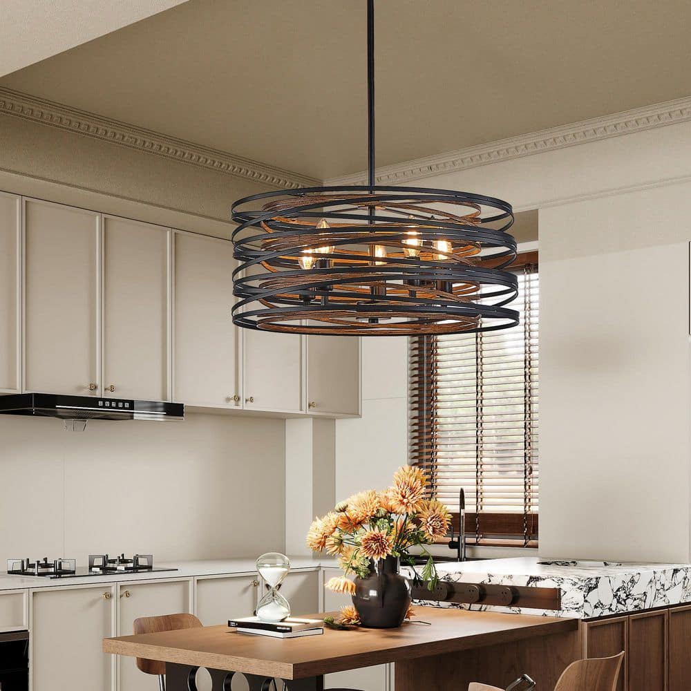 5 Light Black and Walnut Metal Cage Chandelier for Kitchen Island and Dining Room with no bulbs included price history on PriceWatchPro