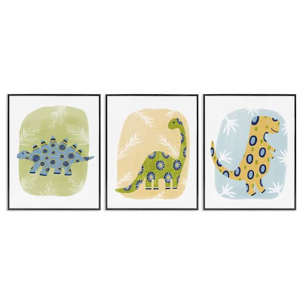 Stupell Industries Three Patterned Dinosaurs by Lisa Nohren 3 Pieces Black Framed Animal Giclee Art Print 30 in. x 24 in.