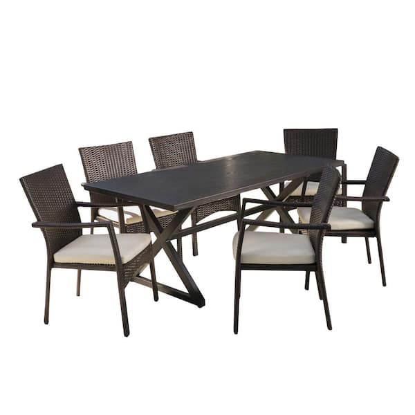 Adina 29 in. Brown 7-Piece Metal Rectangular Outdoor Patio Dining Set with Cream Cushions
