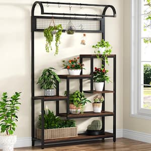 Wellston 70.8 in. Brown Rectangle 5-Tier Wooden Indoor Plant Stand Flower Rack with 10-Hook and Ladder Shelves