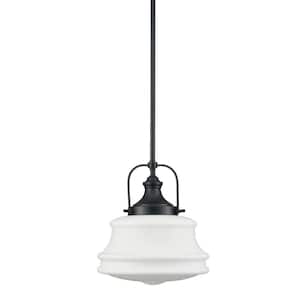 60 Watt 1 Light Black Finished Shaded Pendant Light with Milk glass Glass Shade and No Bulbs Included