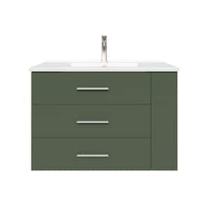 Rita 30.25 in. Single Sink Wallmount Bath Vanity with White Ceramic Countertop in Forest Green with Right Side Shelf