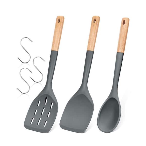 3-Piece Grey Silicone Kitchen Utensil Set with Wooden Handle, Heat Resistant Nonstick Spatula for Cooking and Baking