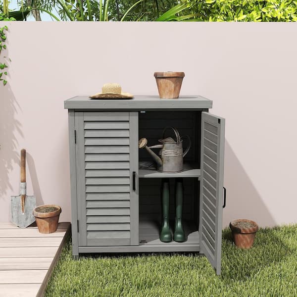 AUTMOON Outdoor Storage Cabinet, Potting Bench Table with Metal Top, Wooden Patio Furniture, Garden Workstation, Gray