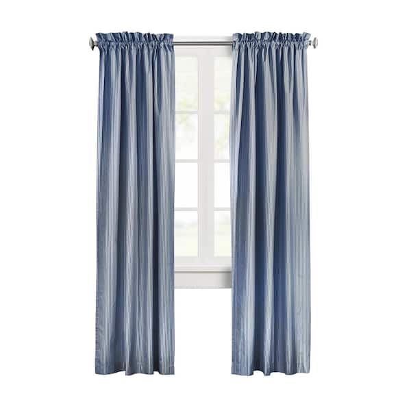 THERMALOGIC Ticking Stripe Navy Polyester Smooth 40 in. W x 72 in. L Rod Pocket Indoor Room Darkening Curtain (Double-Panels)