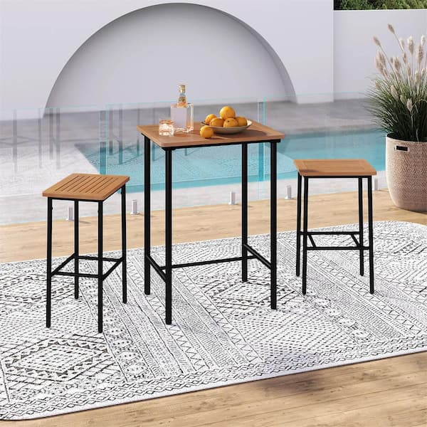 3 Pieces Acacia Wood Patio Bar Set, Outdoor Bar Height with Metal Frame for Balcony