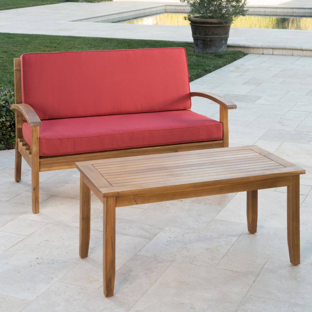 2-Piece Outdoor Acacia Wood Loveseat & Coffee Table Set with Water-Resistant Cushions for Patio, Garden & Porch