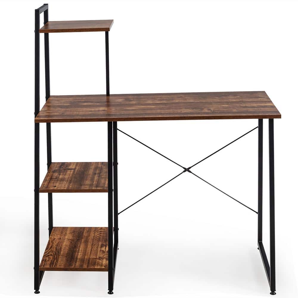 Elegant Corner Writing Desk with 4-Tier Open Shelves in Brown