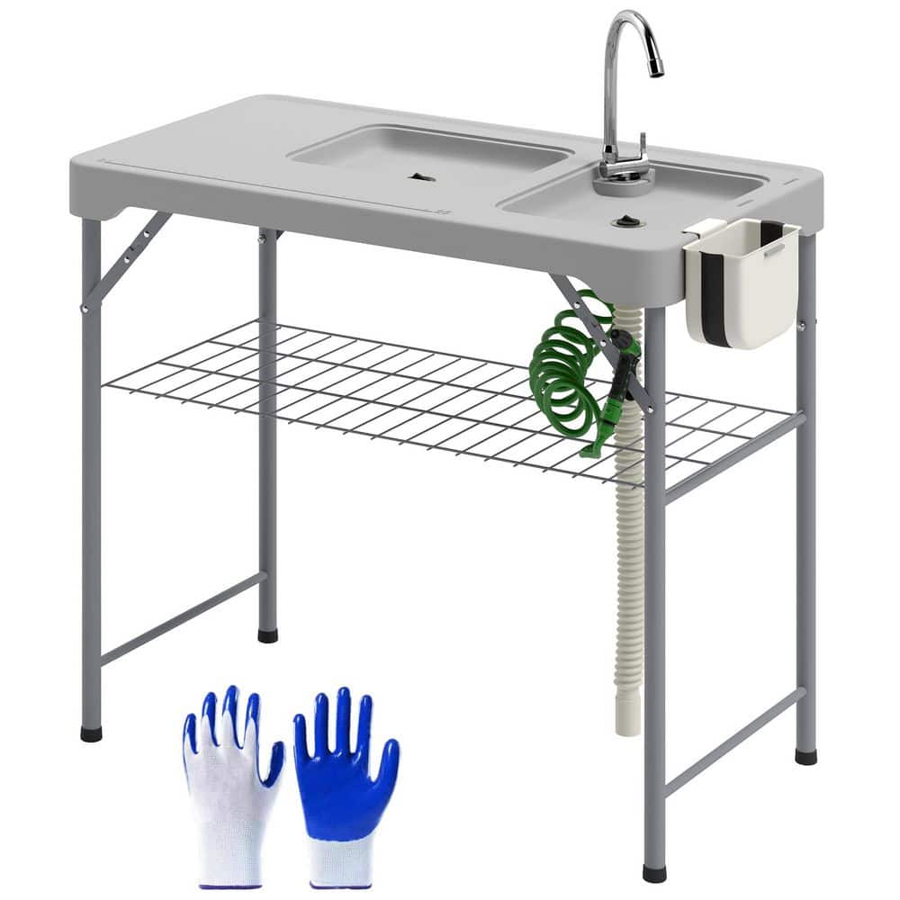Folding Fish Cleaning Table with Sinks, Outdoor Fillet Table, Gray
