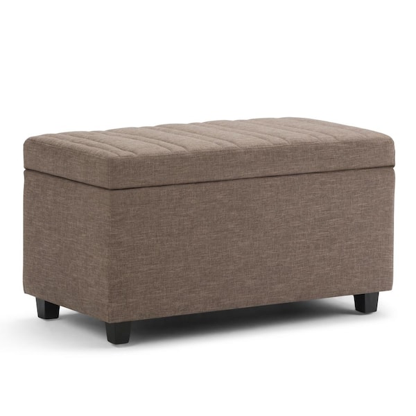 Simpli Home Darcy 34 in. Contemporary Storage Ottoman in Fawn Brown Linen Look Fabric