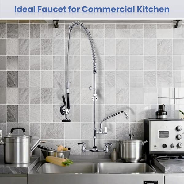 47 in. Wall mounted faucet Triple Handle Pull Down Sprayer 360 Degree Spout Swivel Kitchen Faucet in Polished Chrome