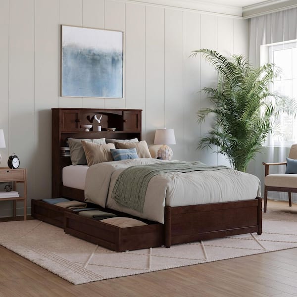 AFI Hadley Walnut Brown Solid Wood Frame Twin XL Platform Bed with Panel Footboard and Storage Drawers