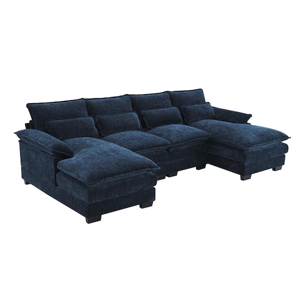 LUCKY ONE 109.8 in. x 55.9 in. Square Arm Chenille U-Shaped Sectional Sofa with Waist Pillows in Navy Blue