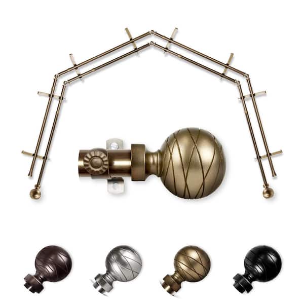 EMOH 13/16" Dia Adjustable 4-Sided Double Bay Window Curtain Rod 28 to 48" (each side) with Yesenia Finials in Antique Brass