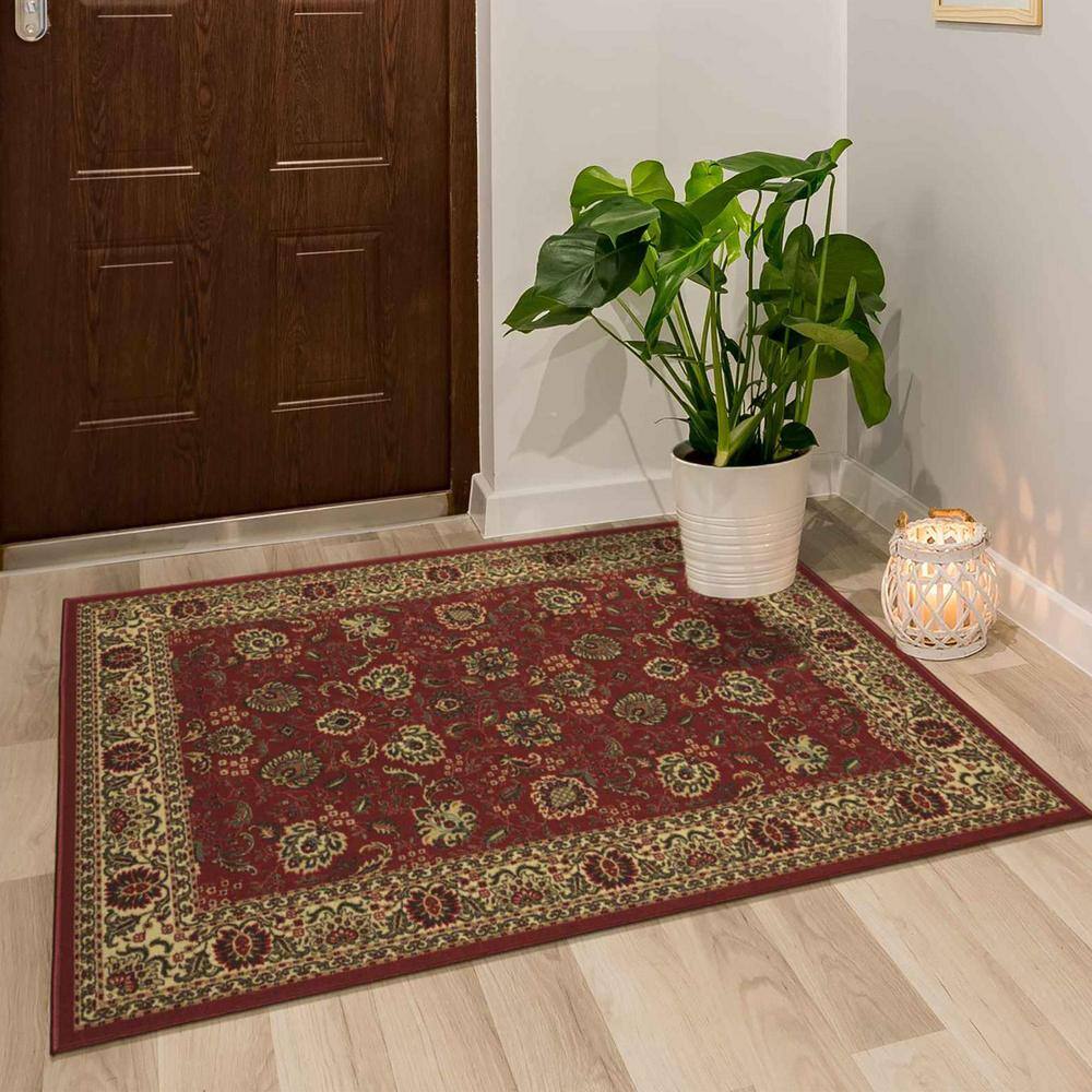 Dark Red Traditional Floral Non-Slip Synthetic Area Rug