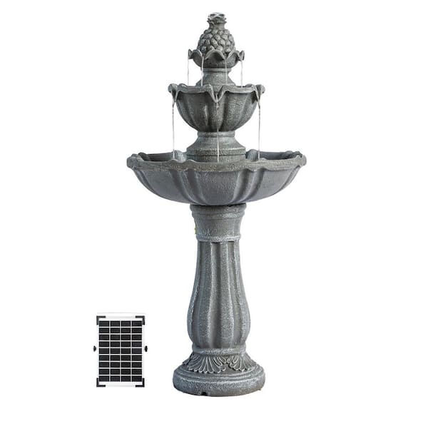 36.2 in. 2-Tier Outdoor Freestanding Solar Water Fountain - Classic Design, Grey Resin Bird Bath with Pump
