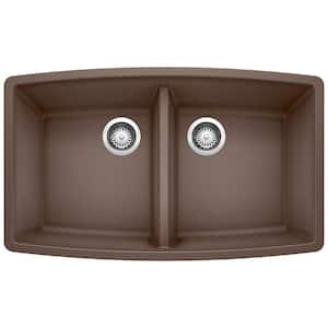Performa Undermount Granite 33 in. x 20 in. 50/50 Double Bowl Kitchen Sink in Cafe Brown