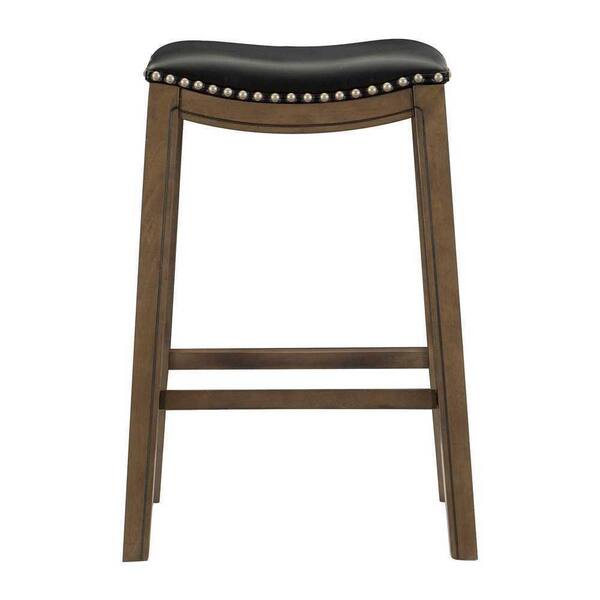 EVERGLADE HOME Pecos 31 in. Brown Backless Wood Frame Saddle Bar Stool with Black Faux Leather Seat