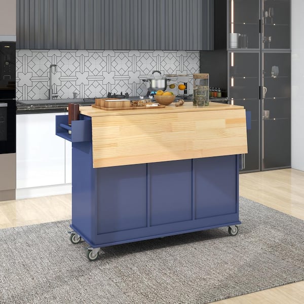 Clihome Dark Blue Solid Wood 52.76 in. Buffet with Locking Wheels and Drawers