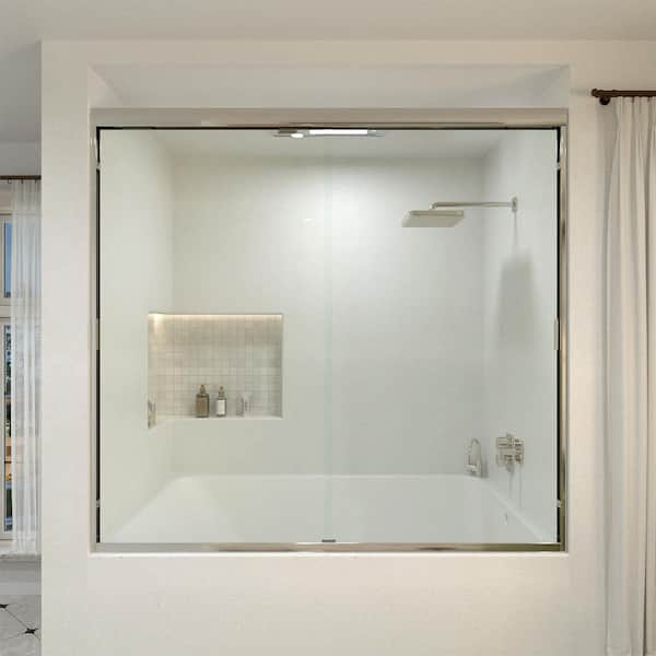 Hermitage Bath Nebula 60 in. W x 56 in. H Sliding Bath Tub Door in Semi Frameless in Silver with Clear Glass