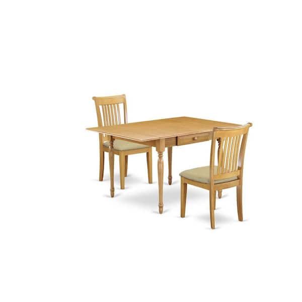 East West Furniture 3-Piece Natural Brown Oak Finish Solid Wood Top with Dropleaf Dining Table Set