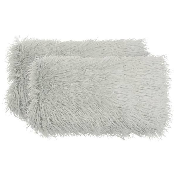 Boho Living Mongolian Faux Fur Contemporary Light Gray 14 in. x 24 in. Plush Shag Decorative Lumbar Throw Pillow (2-Piece Set)