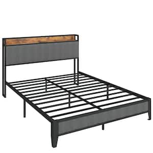 Light Gray Metal Frame Upholstered Headboard Queen Platform Bed with with Charging Station