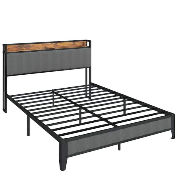 HOMEFUN Light Gray Metal Frame Upholstered Headboard Queen Platform Bed with with Charging Station