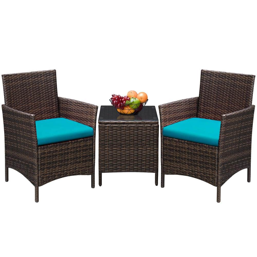 Tozey 3-Pieces Wicker Blue Patio Furniture Set Outdoor Patio