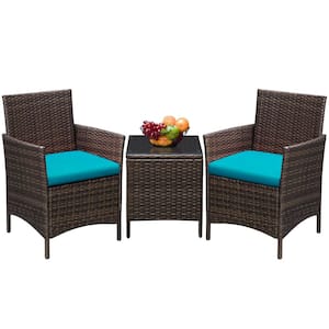 Brown 3-Pieces Patio Furniture PE Rattan Outdoor Conversation Set with Table Backyard Garden Set with Blue Cushion