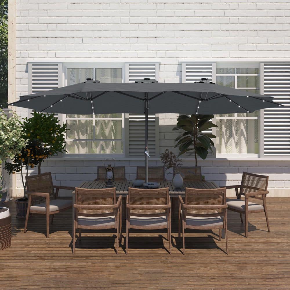 15 ft. Steel Patio Double-Side Market Umbrella with Base and Solar Light wi