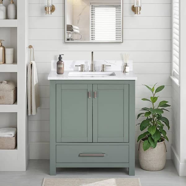 Modero 31 in. Single Sink Smoke Green Bath Vanity with Cala White Engineered Stone Top