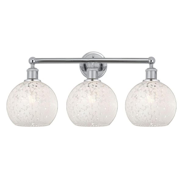 White Mouchette 26 in. 3-Light Polished Chrome Vanity Light with Glass Shade