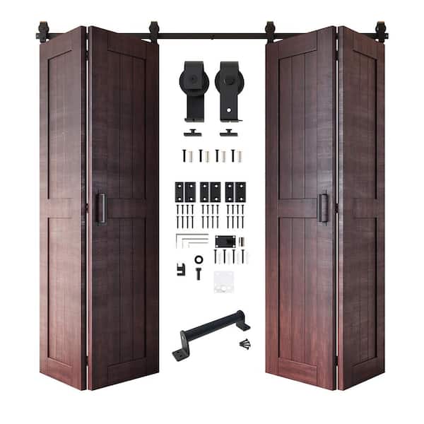26 in. x 84 in. 5-in-1 Design Red Mahogany Solid Core Double Pine Wood Bi-fold Door with T-Shape Roller Hardware Kit