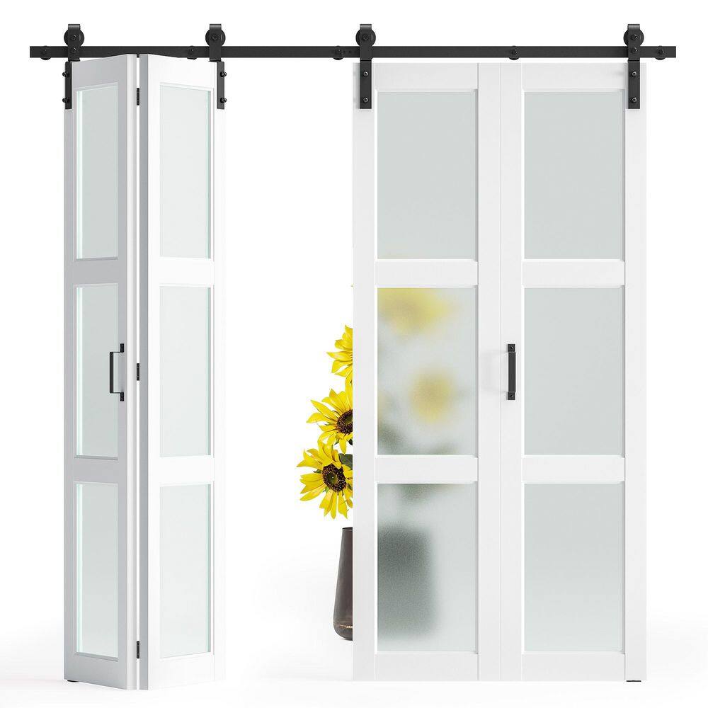 56 in. x 84 in. (Double 28 in. ) Bi-Fold 3-Lite Frosted Glass White Finished MDF Sliding Barn Door with Hardware Kit price history on PriceWatchPro