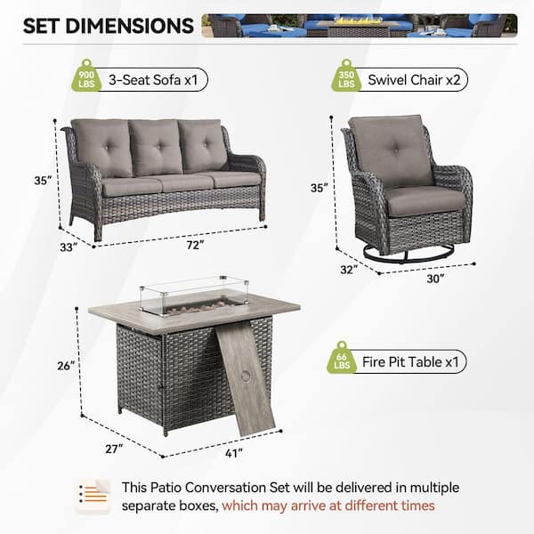 4-Piece Gray Wicker Fire Pit Conversation Set with Olefin Gray Cushions and 2 Swivel Glider Chairs and Couch