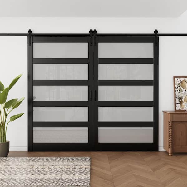 96 in. x 84 in. 5-Lite Tempered Frosted Glass Black Finished MDF Sliding Barn Door with Hardware Kit and Soft Close