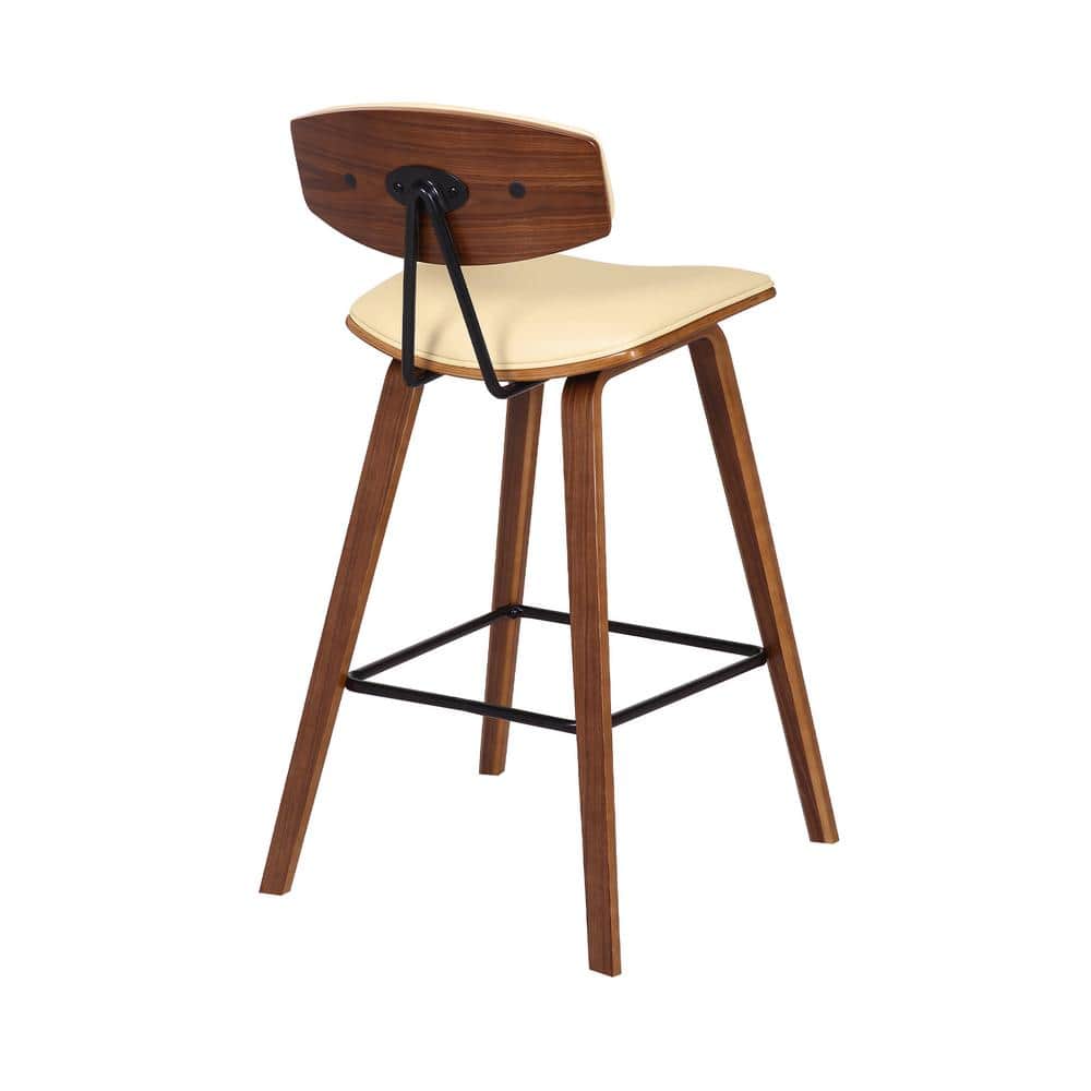 Contemporary Cream Faux Leather & Walnut Wood Counter Stool